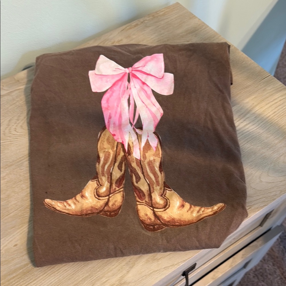Brown T-Shirt with Pink Bow and Cowboy Boots Design